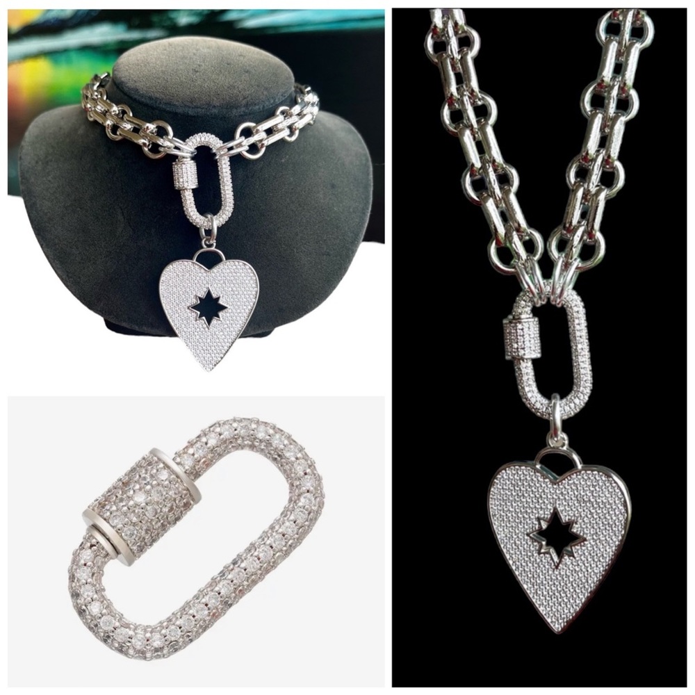 Two looks stainless steel choker heart necklace cz rhinestones boho st valentine